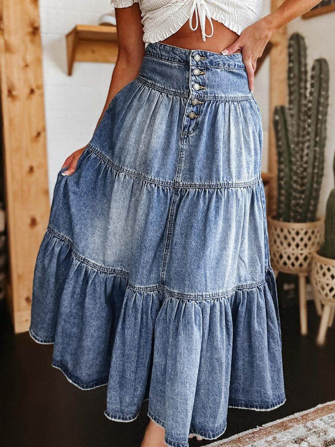 Tiered Button-Fly Denim Skirt for Effortless Style - Selvanelle