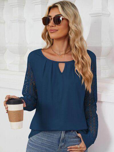 Cutout Round Neck Long Sleeve T-Shirt with Lace Detail - Selvanelle