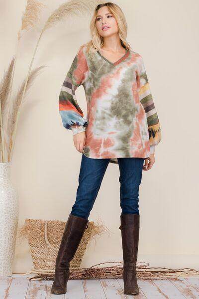 Celeste Full Size Tie-Dye Contrast Striped V-Neck Blouse - Selvanelle