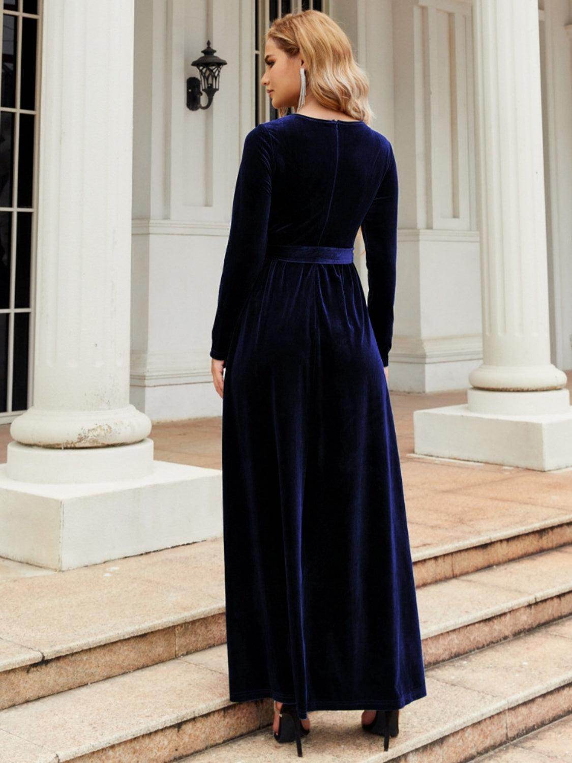 Tie Front Round Neck Long Sleeve Maxi Dress for Women - Selvanelle