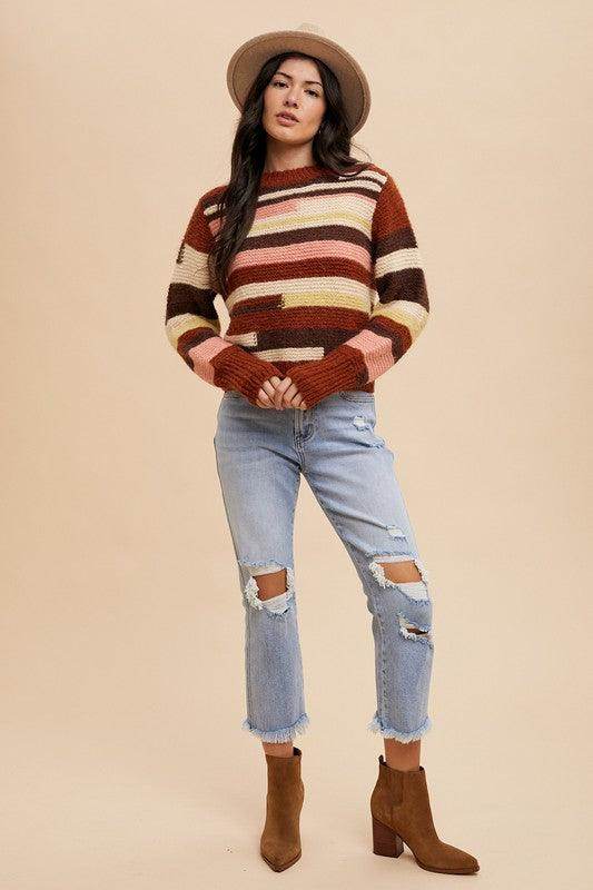 Annie Wear Color Block Round Neck Long Sleeve Sweater - Selvanelle