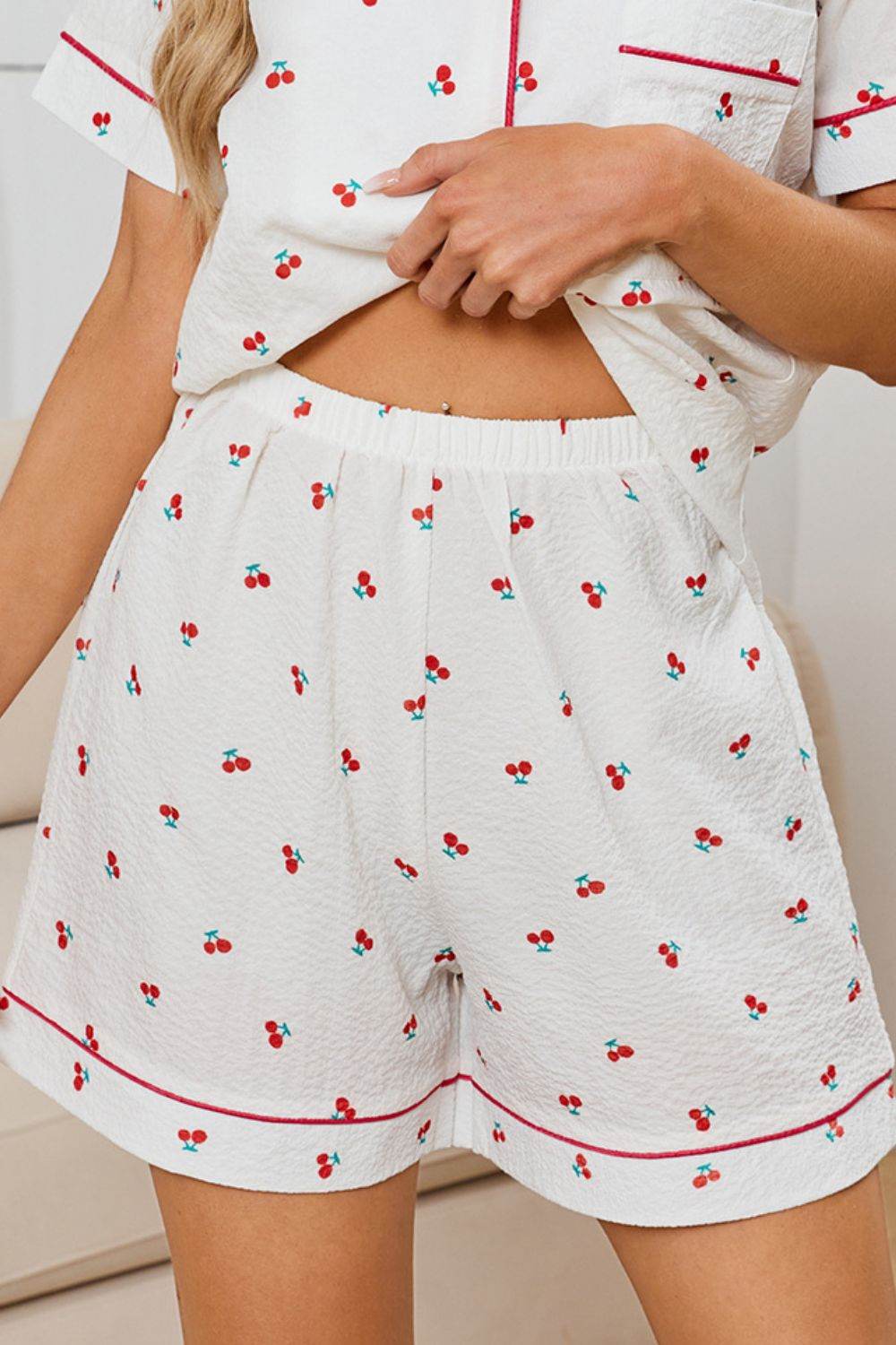 Cheery Print Collared Neck Top and Shorts Lounge Set - Selvanelle