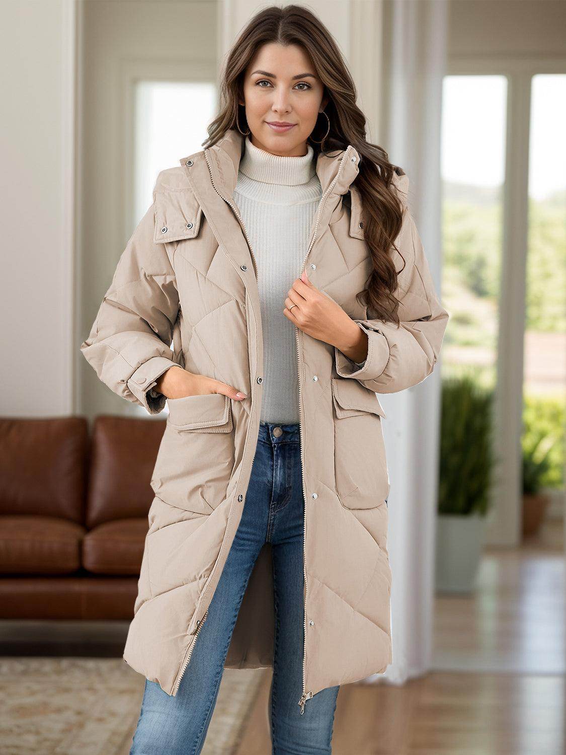 Long Sleeve Longline Hooded Winter Coat with Pockets - Selvanelle