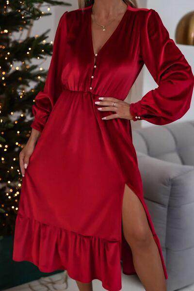 Ruffle Hem Slit V-Neck Long Sleeve Dress for Women - Selvanelle