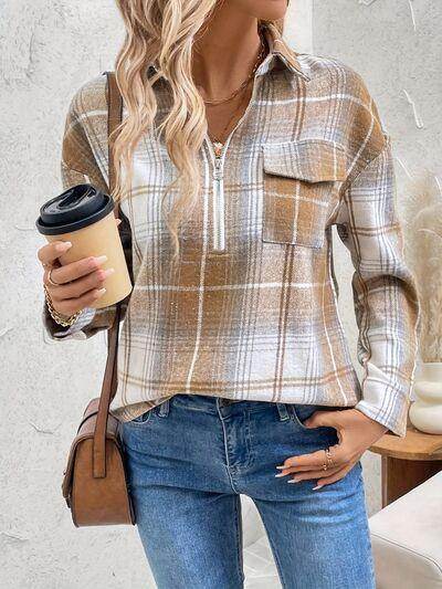Plaid Collared Neck Half Zip Long Sleeve Top for Women - Selvanelle