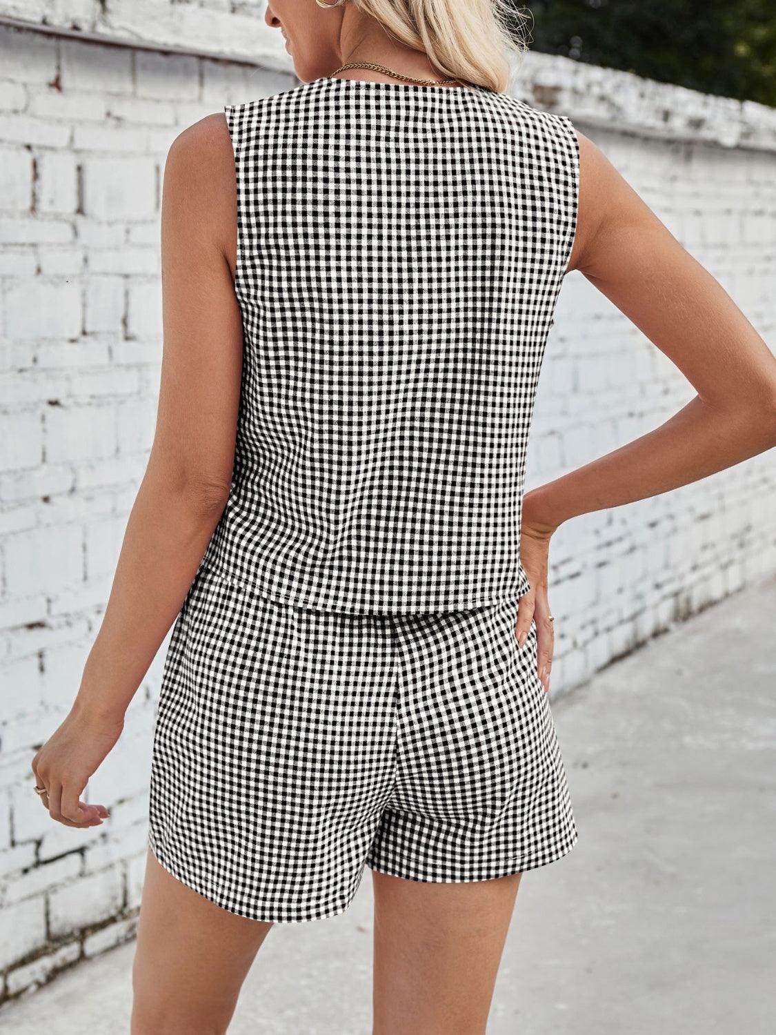 Lovelet Tied Plaid V-Neck Vest and Shorts Set for Women - Selvanelle