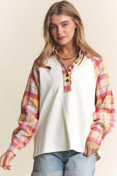 J.NNA Plaid Contrast Button Down Henley Top for Women - Selvanelle