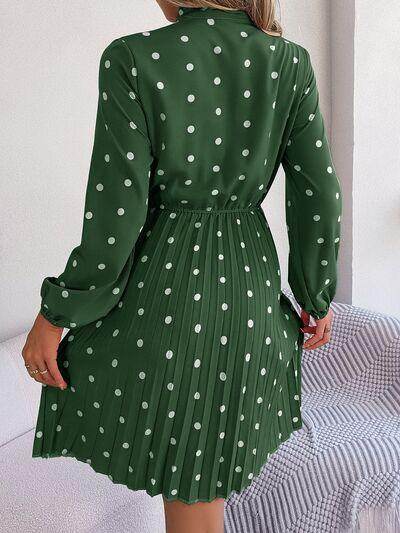 Polka Dot Tie Neck Pleated Dress for Stylish Occasions - Selvanelle