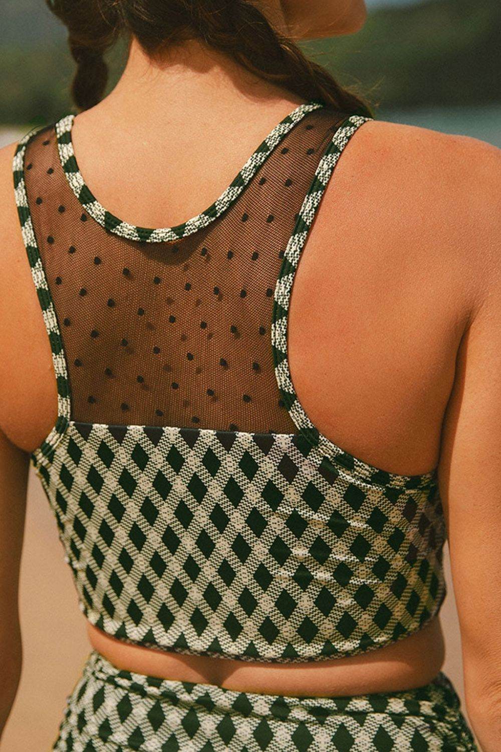 Dotted Mesh Plaid Patchwork High Waisted Swim Set - Selvanelle