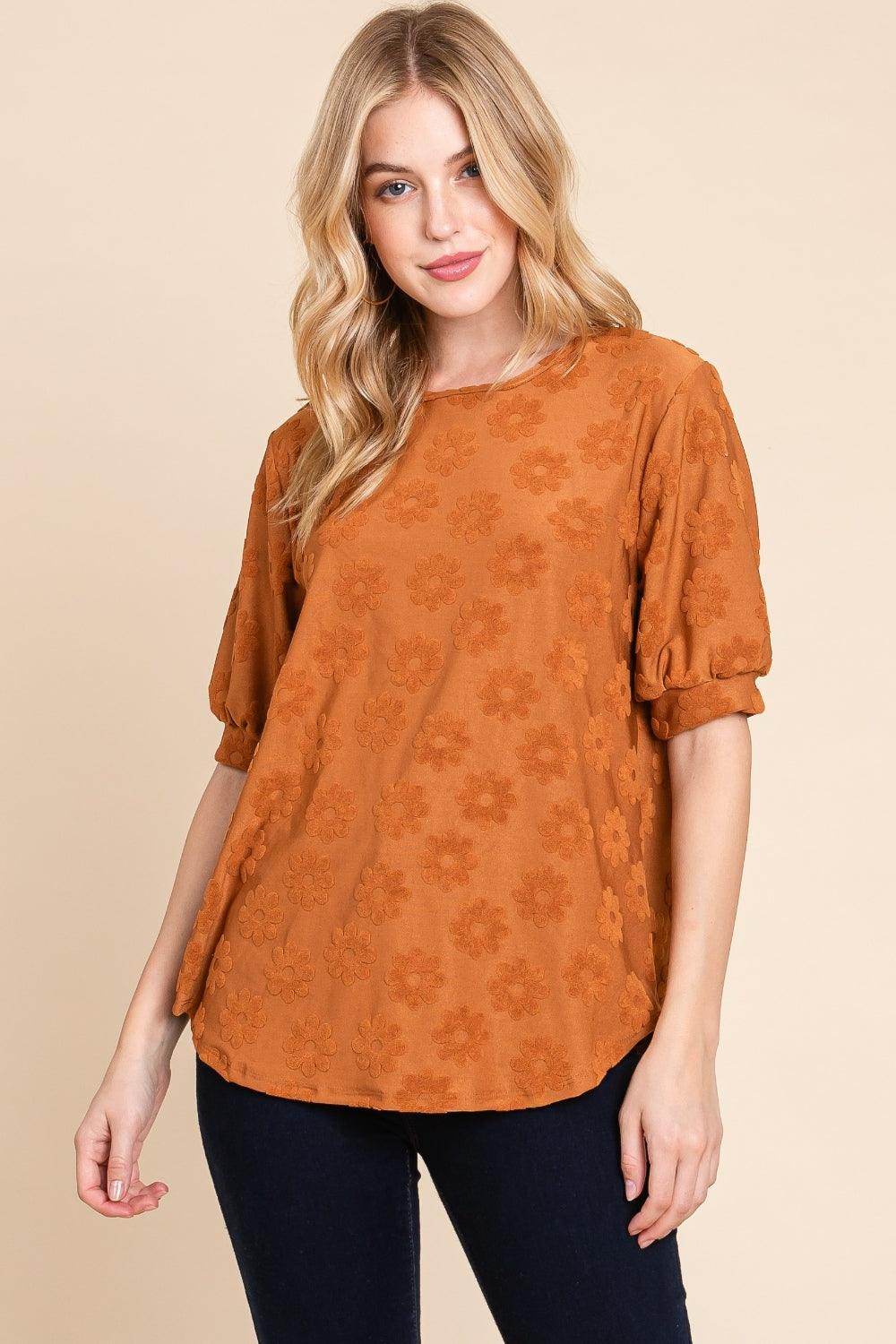 BOMBOM Textured Floral Pattern Top for Women Casual Style - Selvanelle