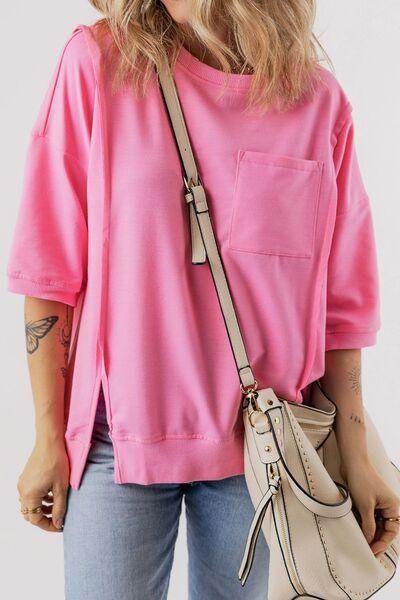 Exposed Seam Side Slit Round Neck Top for Women - Selvanelle