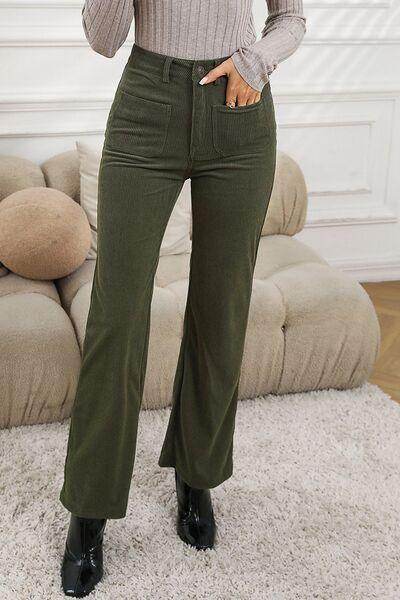 High Waist Square Pockets Corduroy Pants for Women - Selvanelle