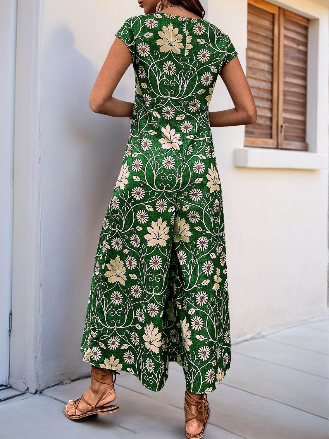 Perfee Printed Round Neck Cap Sleeve Wide Leg Jumpsuit - Selvanelle