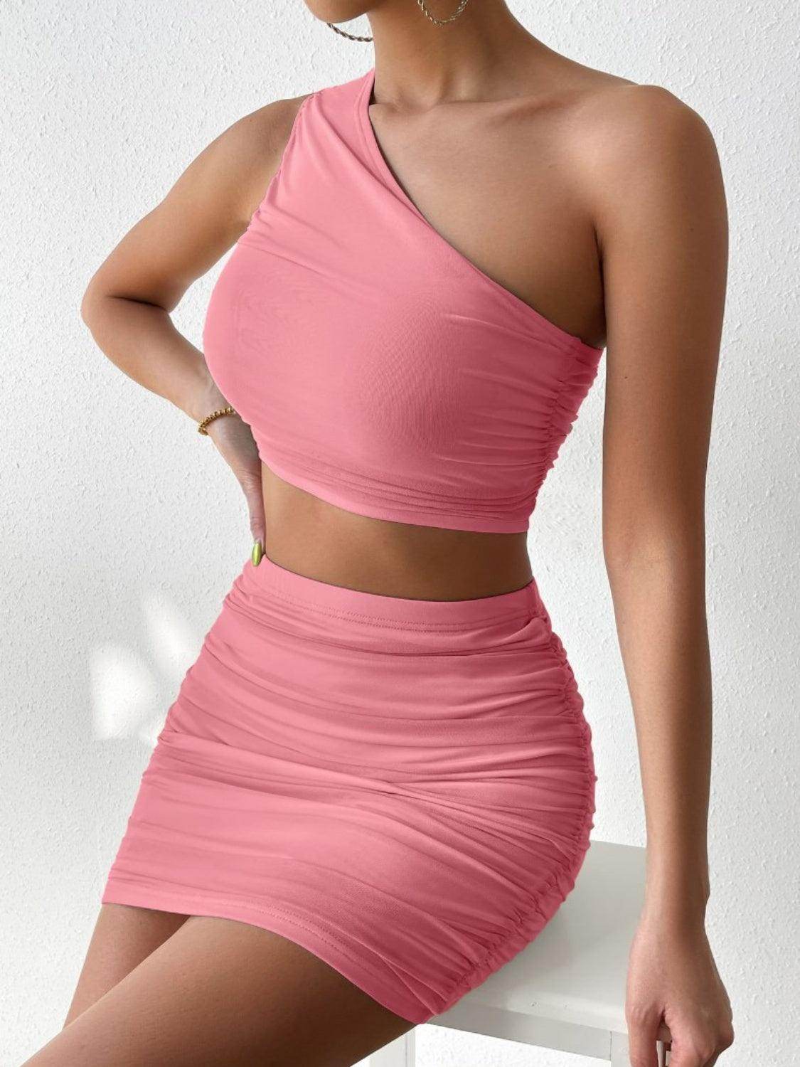 Ruched Single Shoulder Top and Skirt Set for Women - Selvanelle