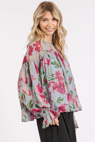Mittoshop Floral Round Neck Flounce Sleeve Blouse for Women - Selvanelle