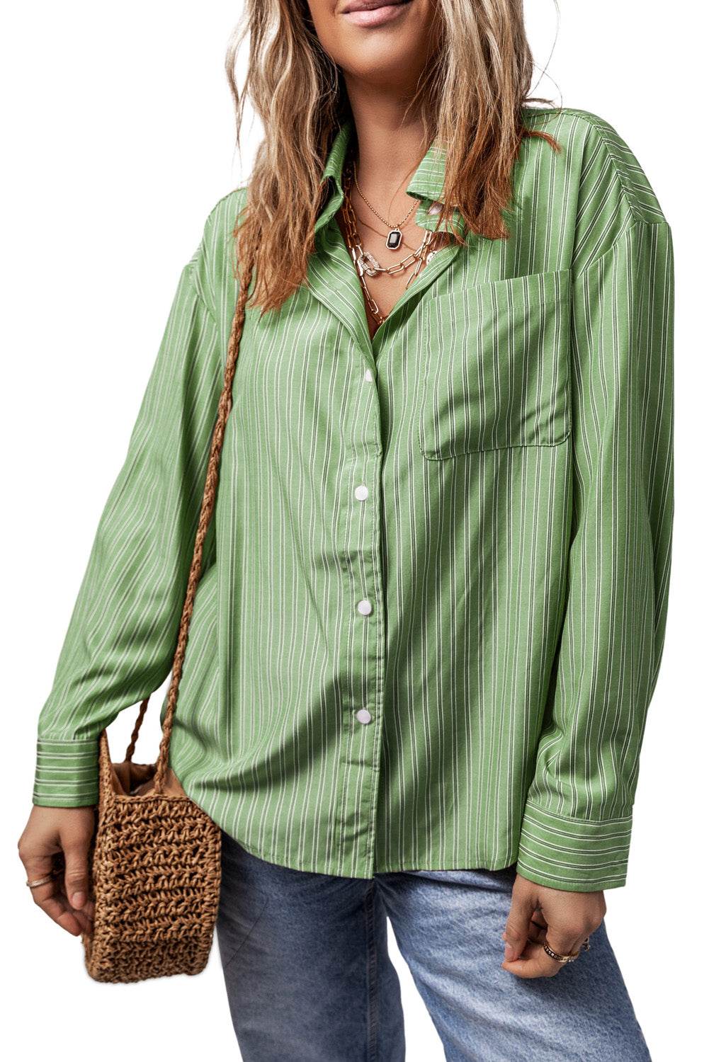 Striped Button Up Long Sleeve Shirt - Selvanelle