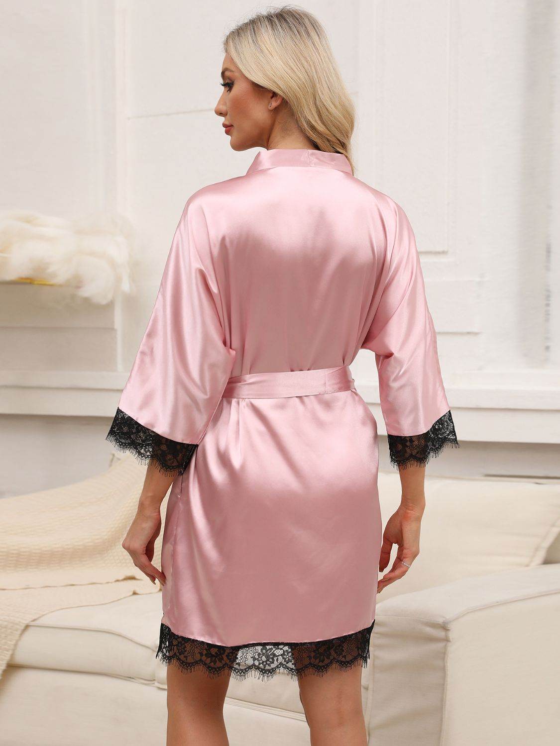 Tied Lace Detail Three-Quarter Sleeve Lounge Nightgown - Selvanelle