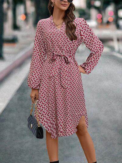 Tied Printed Notched Balloon Sleeve Dress for Women - Selvanelle
