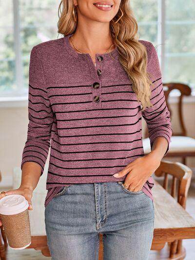 Lovelet Quarter Button Striped Round Neck Long Sleeve T-Shirt - Selvanelle