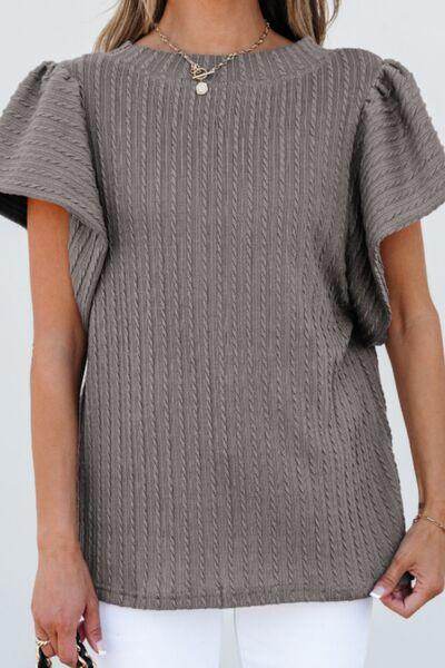 Textured Round Neck Flounce Sleeve Blouse for Stylish Wear - Selvanelle