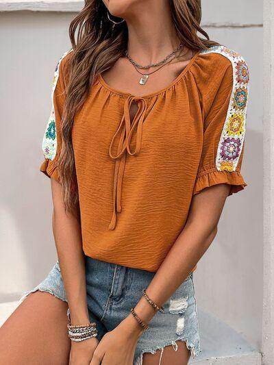 Perfee Tied Crochet Detail Short Sleeve Blouse for Women - Selvanelle