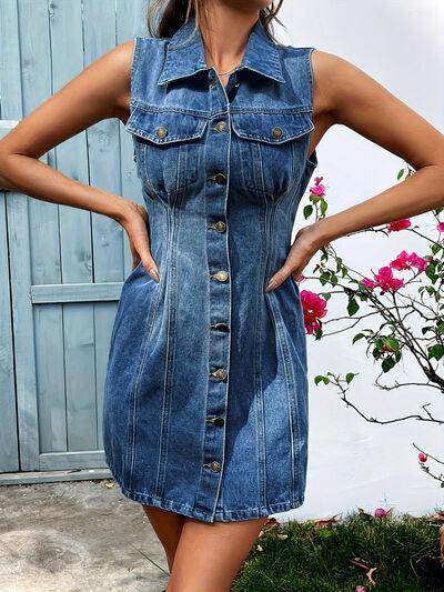 Pocketed Button Up Sleeveless Denim Dress for Women - Selvanelle