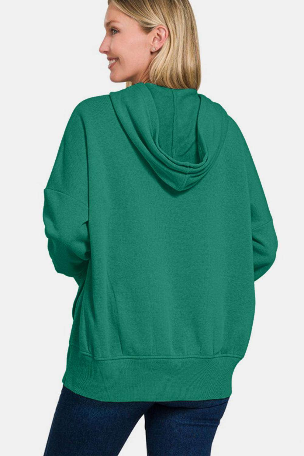 Zenana Half Snap Long Sleeve Hoodie with Kangaroo Pocket - Selvanelle
