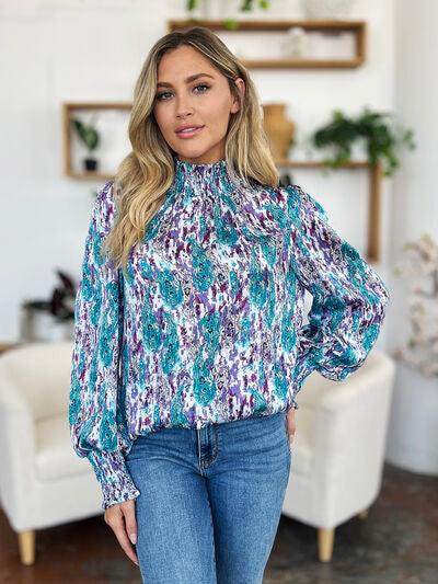 Double Take Full Size Printed Smocked Long Sleeve Blouse - Selvanelle