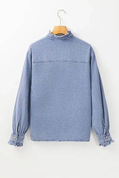 Frill Button Up Long Sleeve Denim Top for Stylish Women - Selvanelle