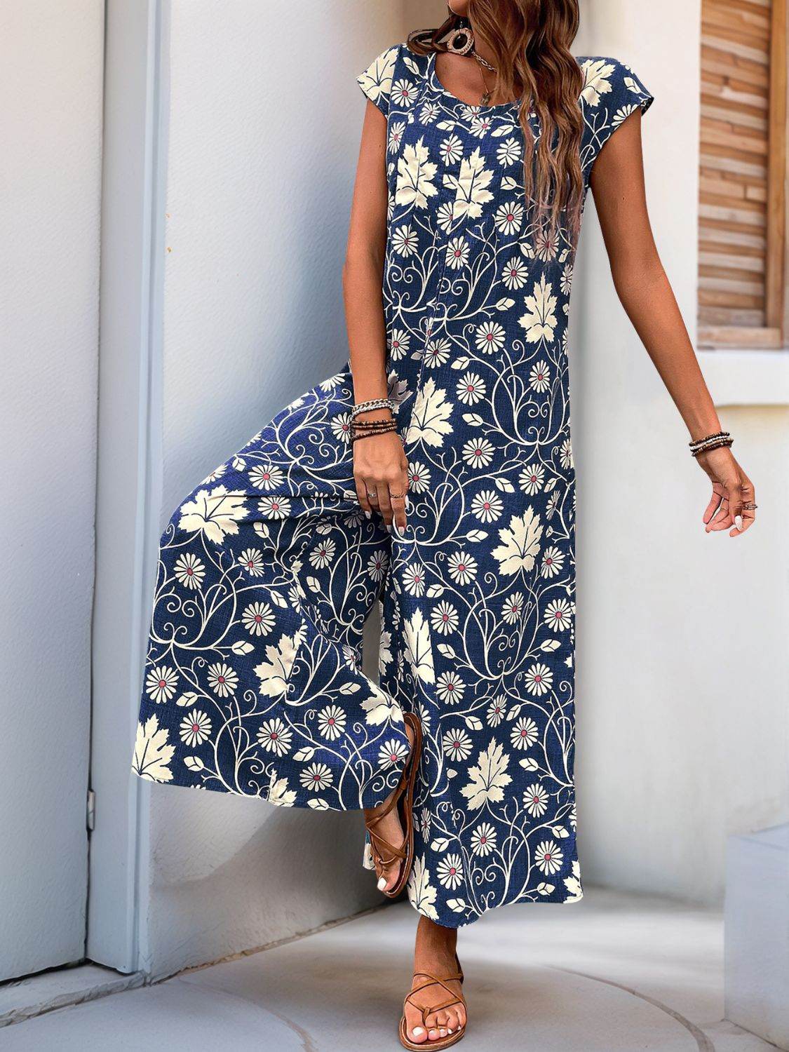 Perfee Printed Round Neck Cap Sleeve Wide Leg Jumpsuit - Selvanelle