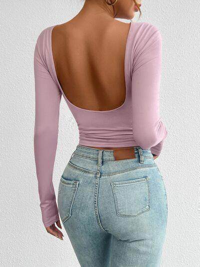 Devine Backless Round Neck Long Sleeve T-Shirt for Women - Selvanelle