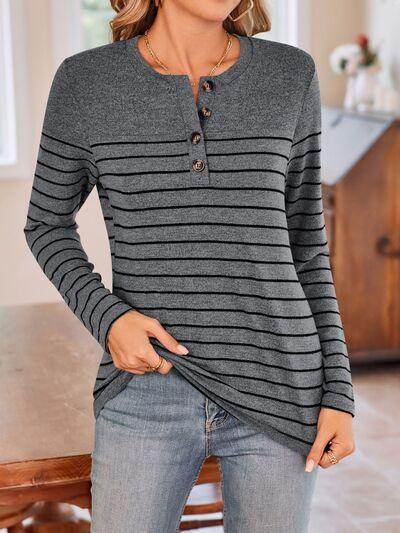 Lovelet Quarter Button Striped Round Neck Long Sleeve T-Shirt - Selvanelle
