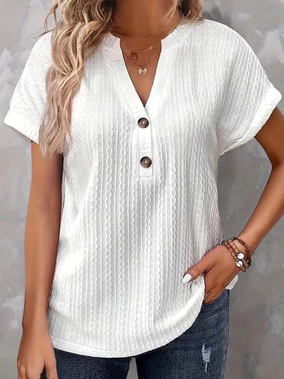 Textured Notched Short Sleeve Top - Selvanelle