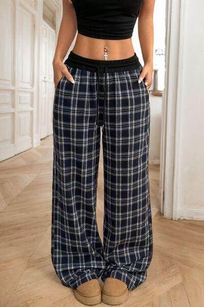 Plaid Wide Leg Pants with Drawstring and Sheer Style - Selvanelle