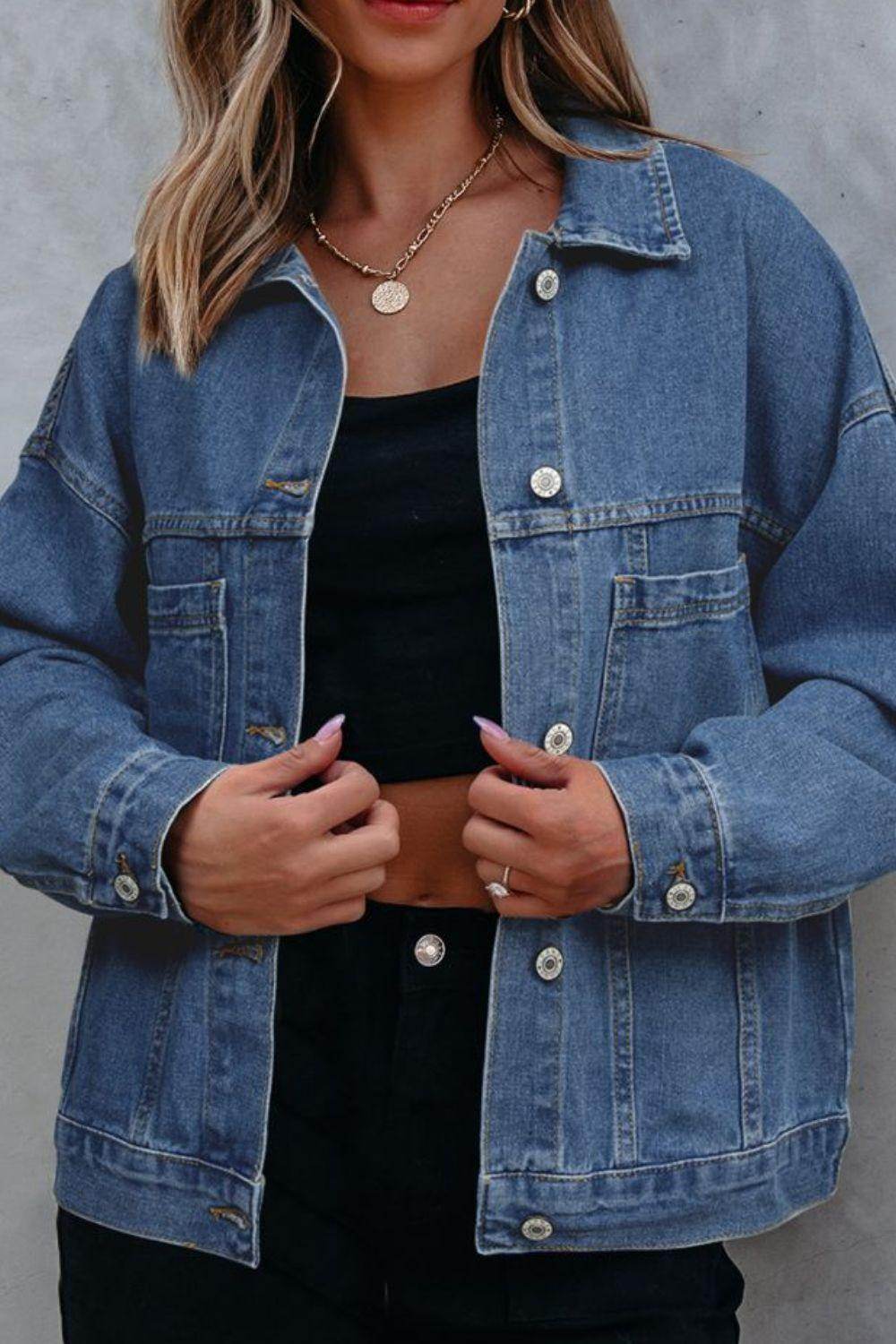 Stylish Pocketed Button Up Denim Jacket for Women - Selvanelle