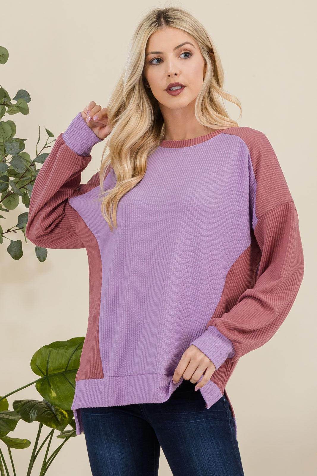 Celeste Full Size High-Low Contrast Round Neck Sweatshirt - Selvanelle