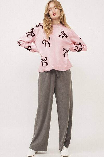 Bow Pattern Round Neck Loose Fit Sweater for Women - Selvanelle