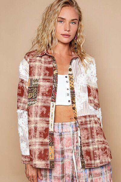 POL Crochet Plaid Patchwork Button Up Shirt for Women - Selvanelle