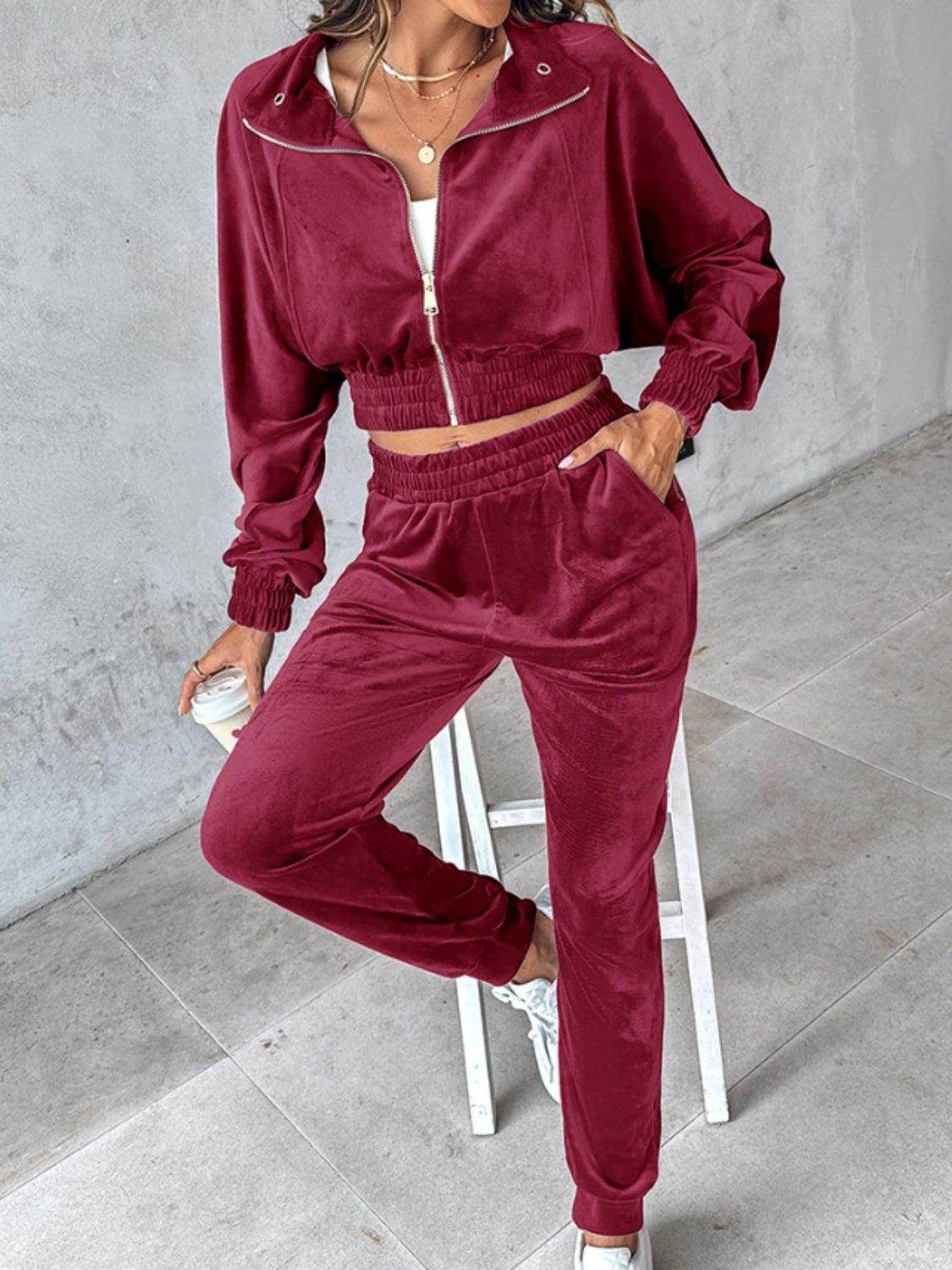 Zip Up Long Sleeve Cropped Top and Joggers Set for Women - Selvanelle