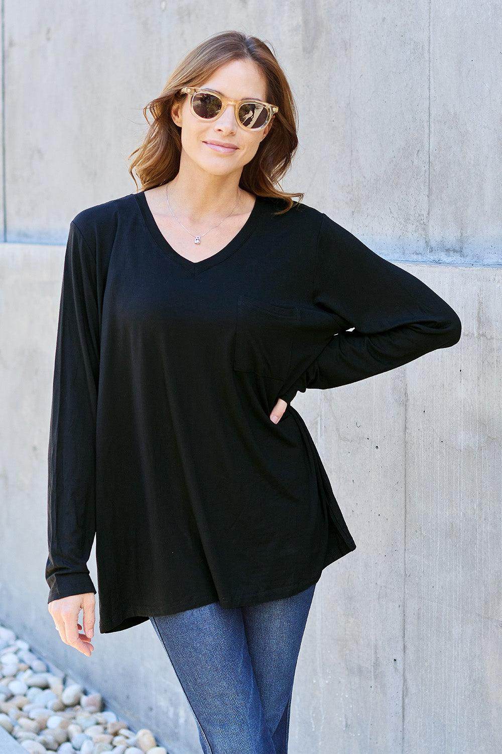 Basic Bae Full Size V-Neck Long Sleeve Top for Women - Selvanelle