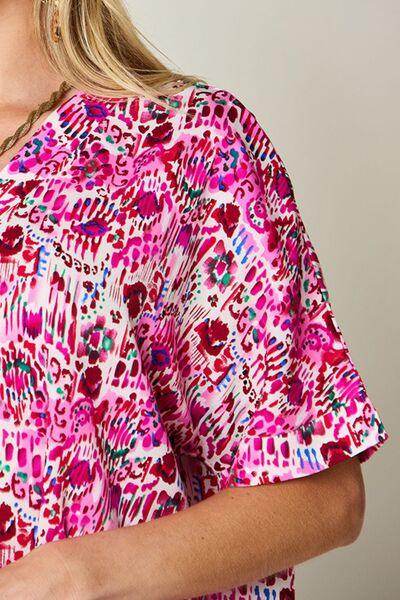 Double Take Full Size Printed V-Neck Short Sleeve Blouse - Selvanelle