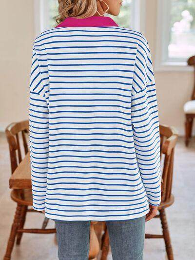 Lovelet Striped Johnny Collar Long Sleeve T-Shirt for Women - Selvanelle