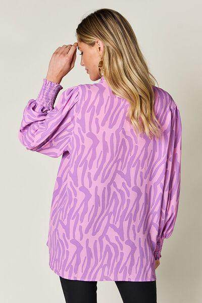 Double Take Full Size Printed Smocked Long Sleeve Blouse - Selvanelle