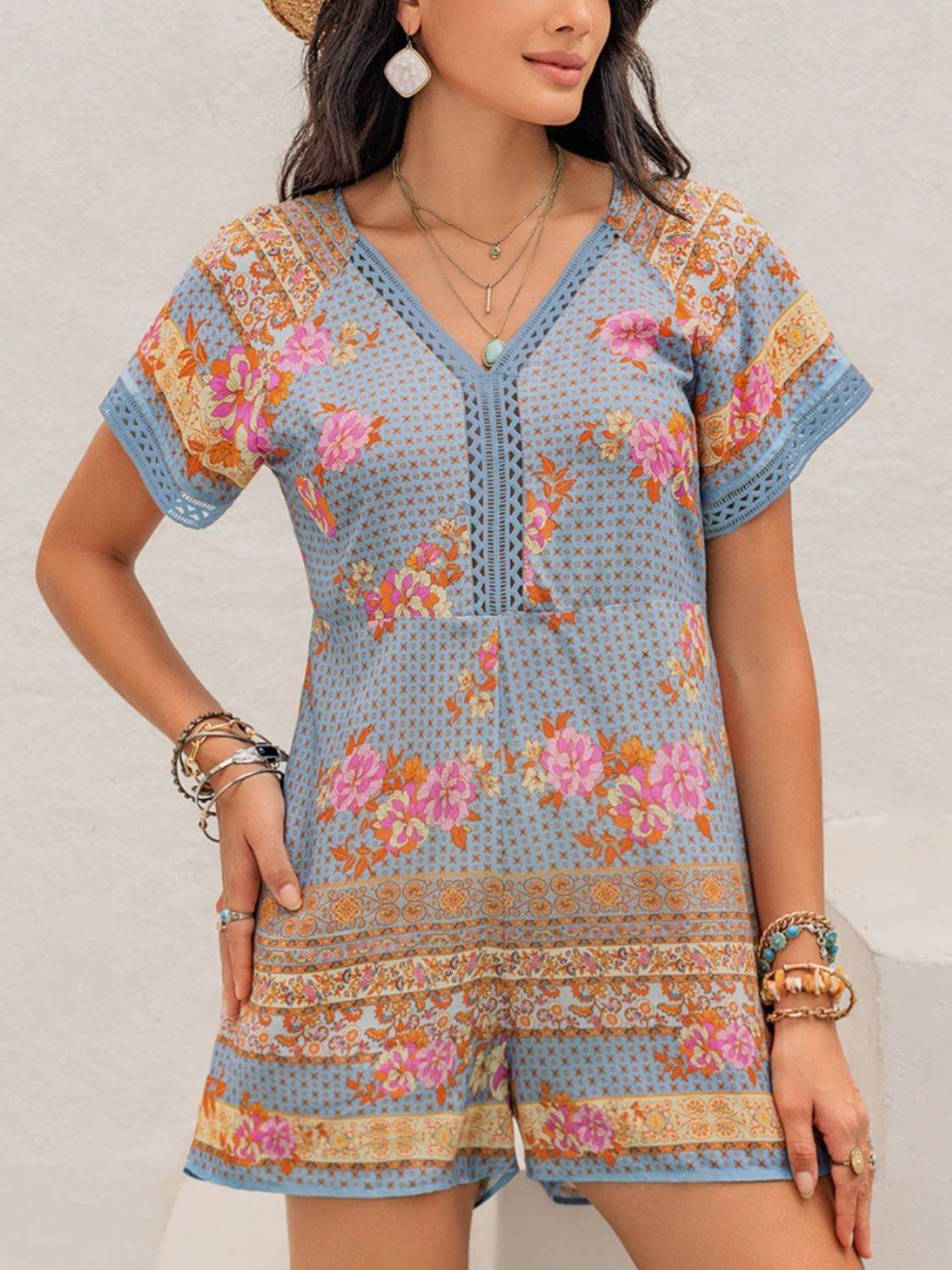 Printed V-Neck Short Sleeve Romper - Selvanelle