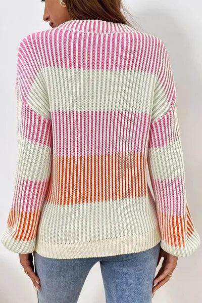 Striped Color Block Round Neck Long Sleeve Sweater for Women - Selvanelle