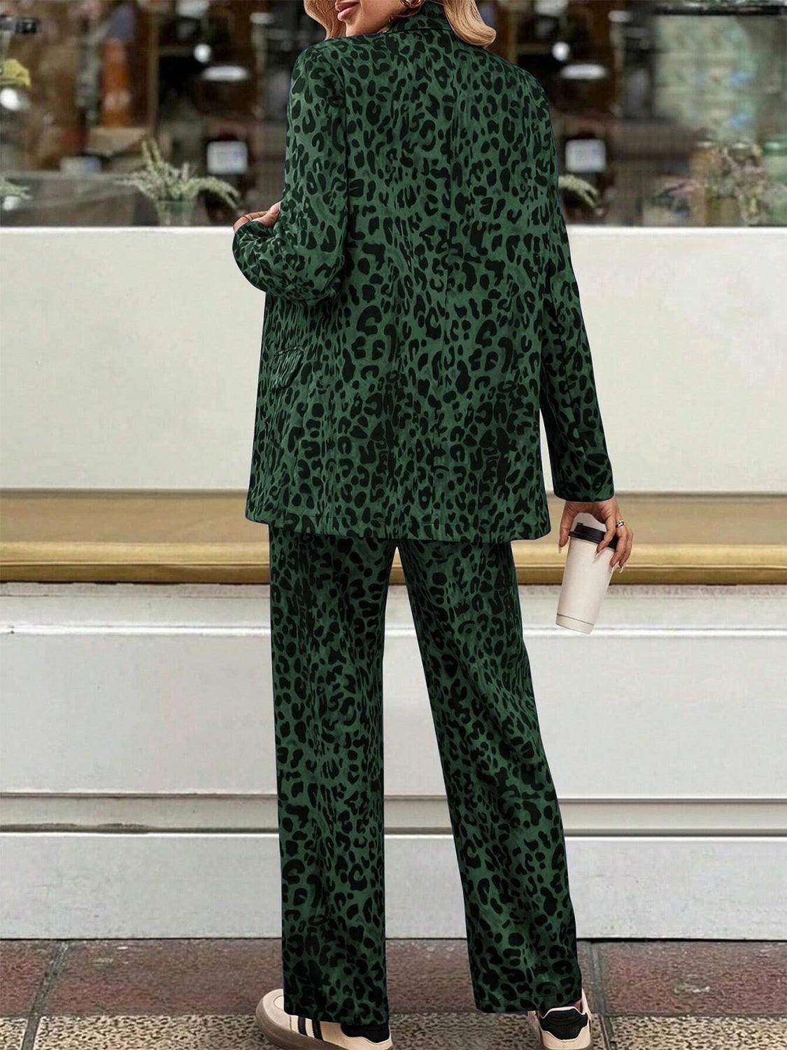 Full Size Leopard Lapel Collar Blazer and Pants Set - Selvanelle