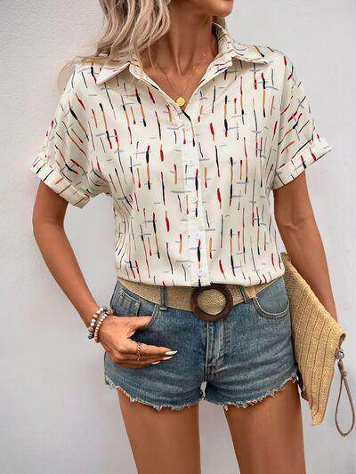 Perfee Printed Collared Neck Short Sleeve Shirt for Women - Selvanelle