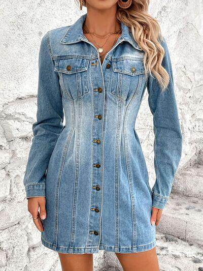 Pocketed Button Up Long Sleeve Denim Dress for Women - Selvanelle