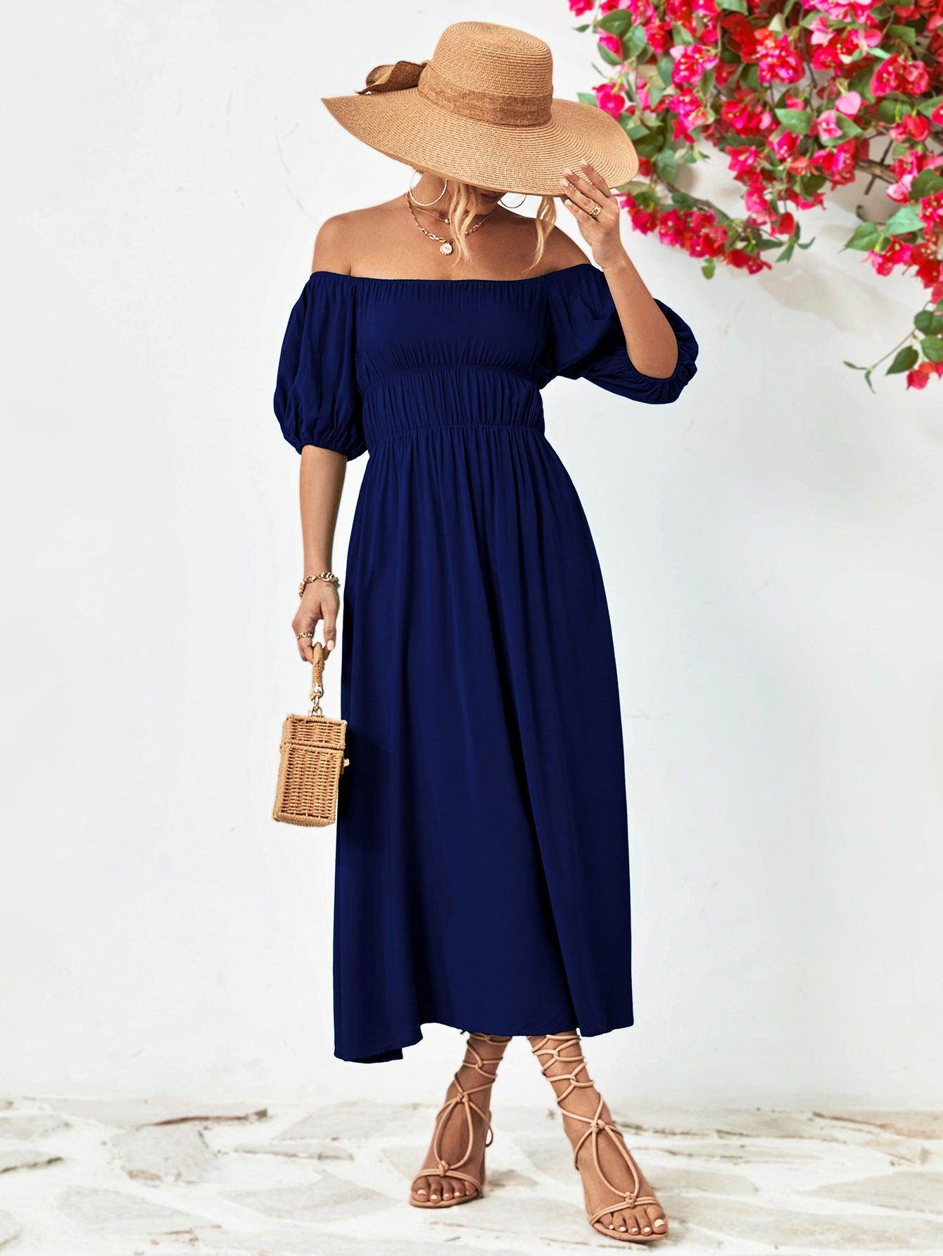 Off-Shoulder Balloon Sleeve Midi Dress for Chic Style - Selvanelle