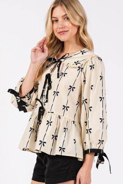 SAGE + FIG Bow Print Tie Front Babydoll Blouse for Women - Selvanelle